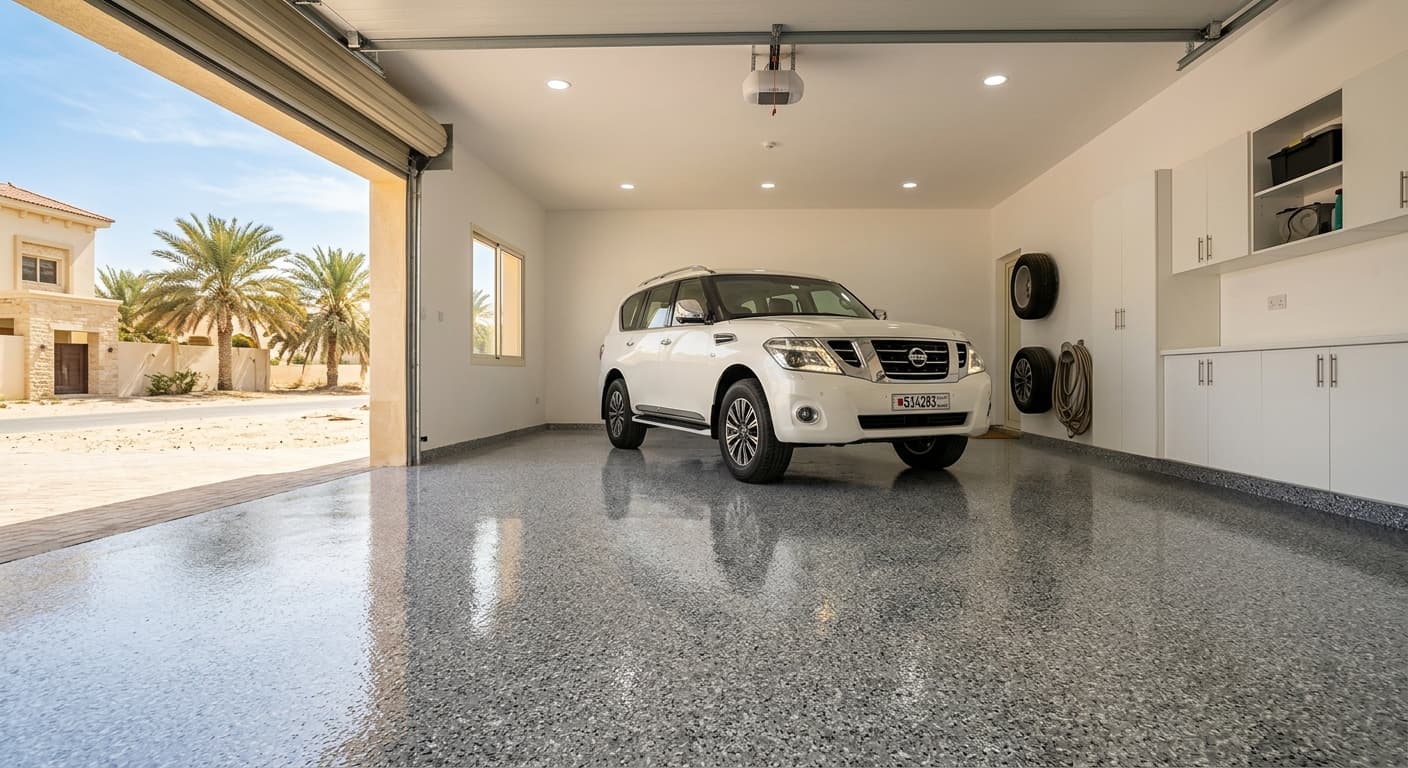 Decorative flake epoxy garage floor after coating